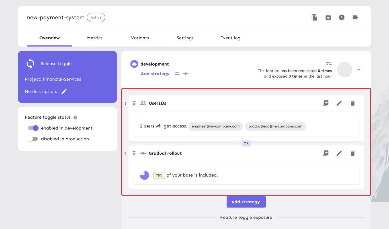 A feature toggle with two active strategies: a user ID strategy and a gradual rollout strategy. The strategies are configured as described in the preceding paragraph.