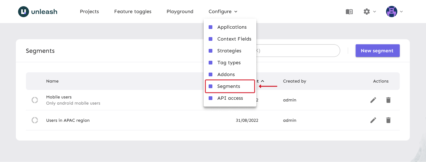 The Segments page, listing two existing segments: &quot;Mobile users&quot; and &quot;Users in the APAC region&quot;. The navigation menu with the Segments page link is opened and highlighted to provide navigation help.