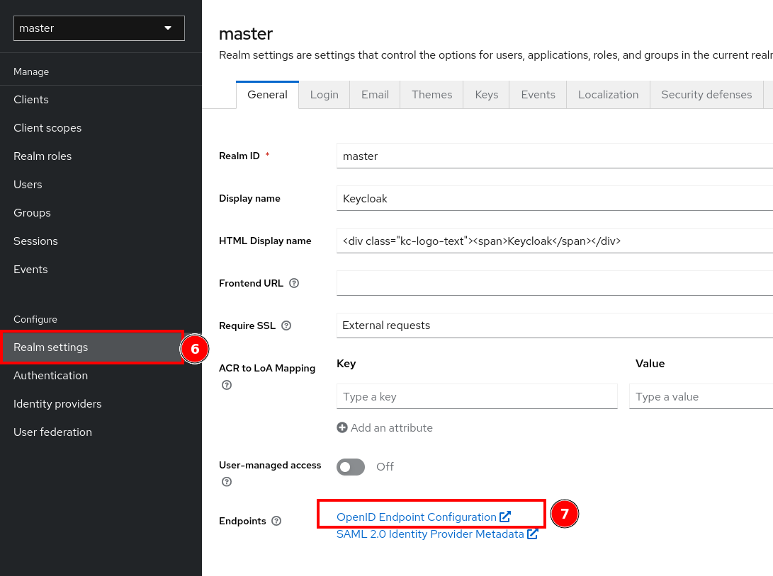 The Keycloak realm settings the OpenID endpoint configuration link highlighted.